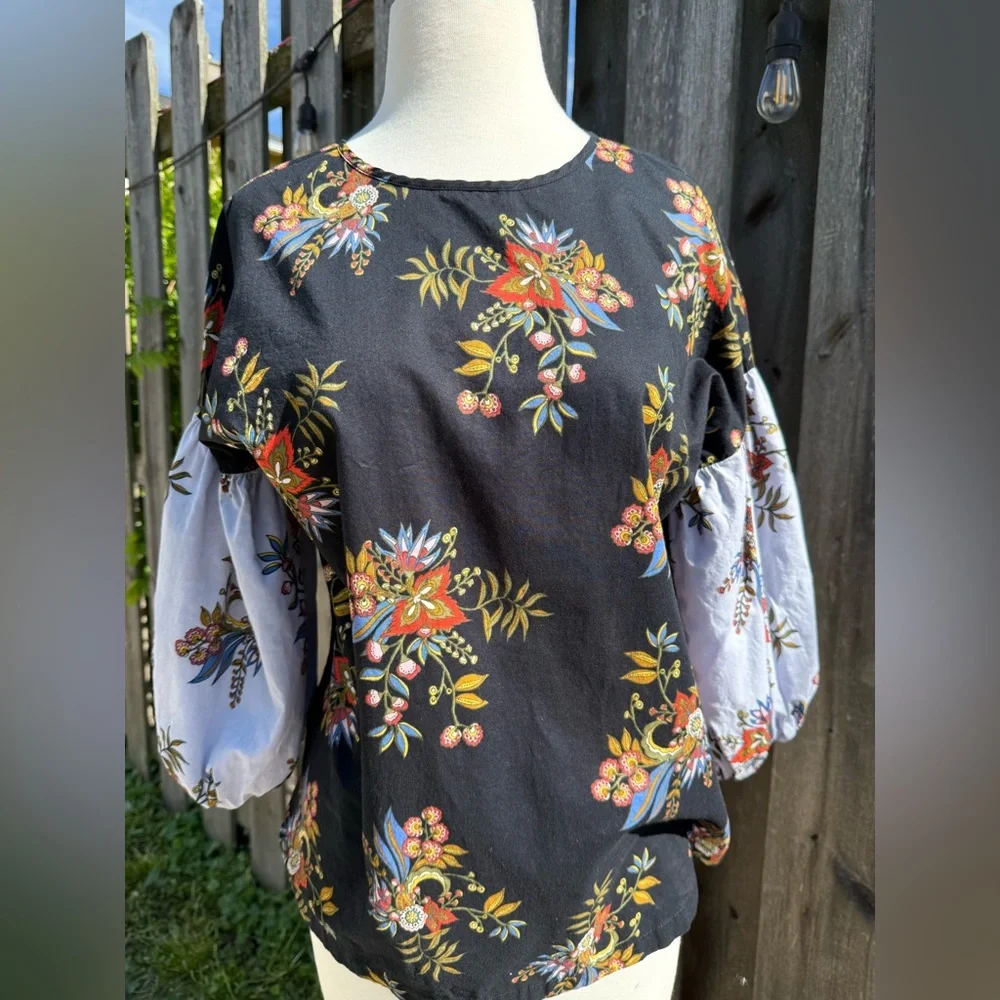 LOFT Black Floral Boho Balloon Sleeve Cotton Blouse XS Cottagecore Romantic